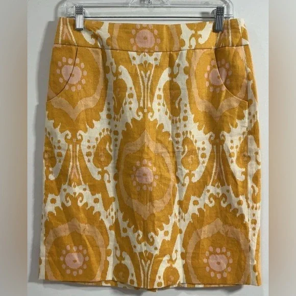 🛑 1 hour sale. J. Crew, size 6, Yellow & Pink, Ochre Ikat Print, Pencil Skirt - Picture 2 of 5